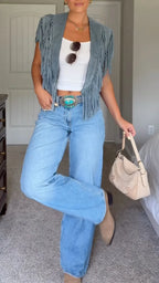 Blue Suede Fringe Sleeveless Vest