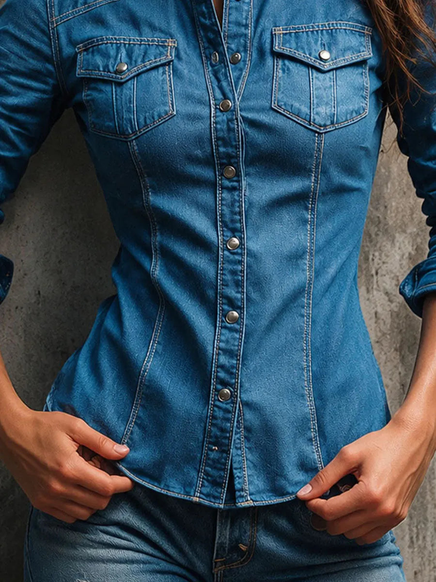 Western Medium Blue Washed Denim Contrast Stitch Fitted Shirt