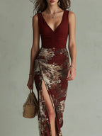 Retro Ruched Floral Print High-Slit Maxi Dress