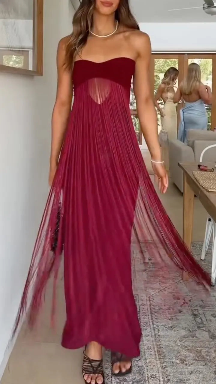 Burgundy Strapless Long-Fringe Maxi Dress
