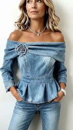 Denim Rose Off-Shoulder Peplum Top
