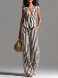 Retro Striped Slim-Fit Vest & Lace-Trimmed Wide-Leg Pants Set