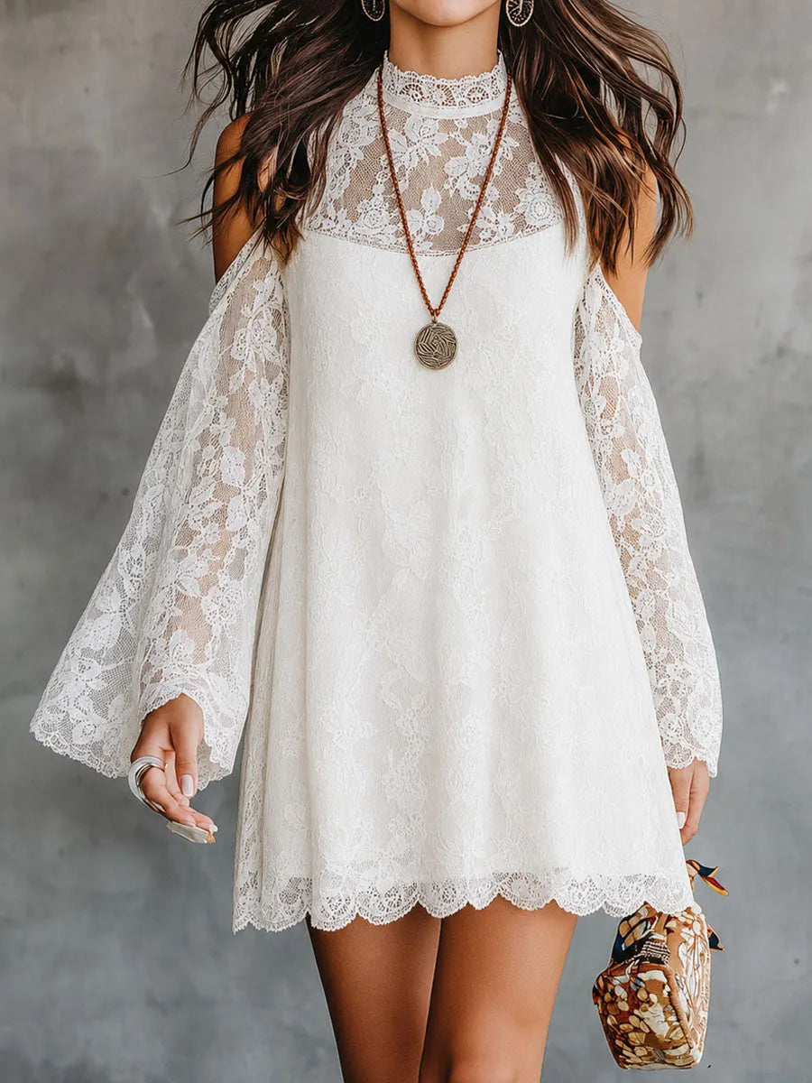 Boho Romantic  White Lace Cold-Shoulder Mini Dress With Flared Sleeves