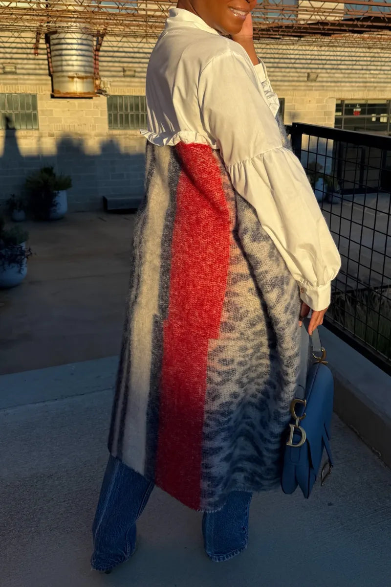 White Shirt and Leopard-Panel Asymmetric Fringe Tunic