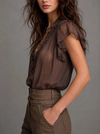 Mocha Brown Crinkled Chiffon Lace-Trimmed Flutter Sleeve Blouse