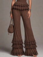 Chocolate Brown Knit & Crinkled Chiffon Lace Ruffled Halter Two-Piece Set