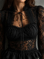 Retro Romantic Lace Tie Neck Flare Cuff Blouse