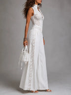 Retro Stand-Collar Tencel Wide-Leg Jumpsuit With Lace Trim