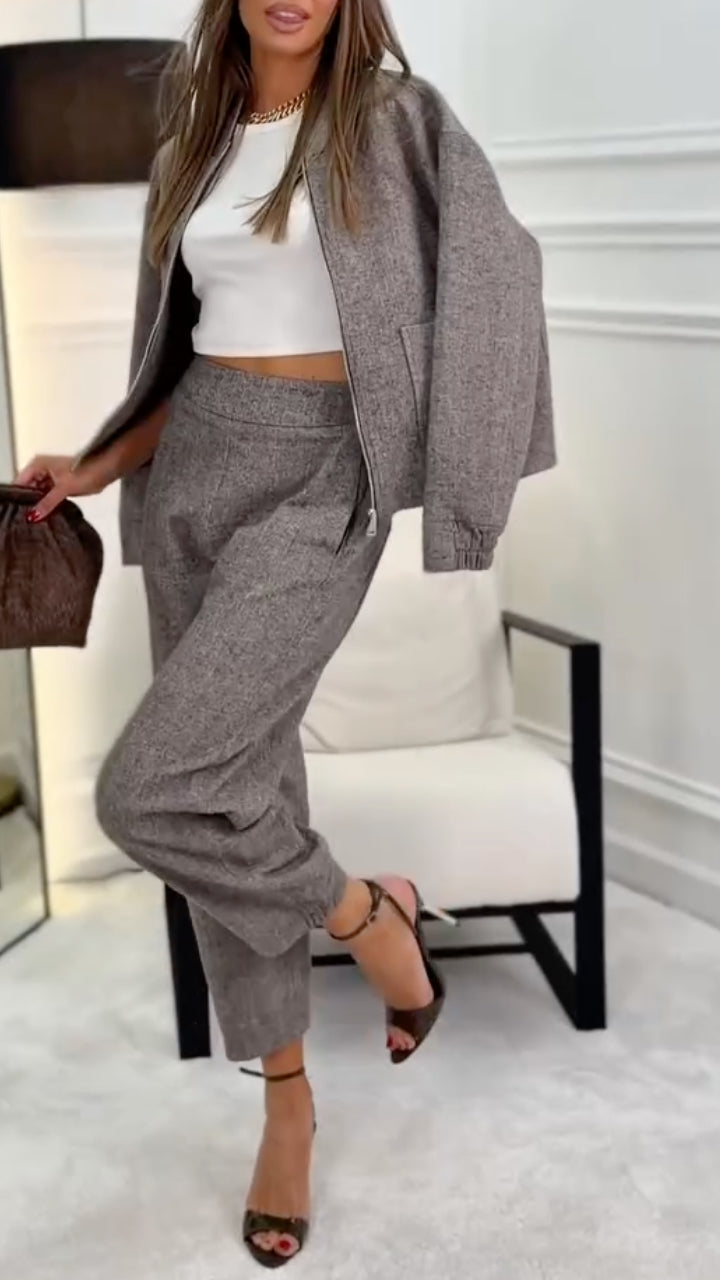 Textured Cropped Jacket & Tapered Pants Set