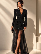 Black Embellished Blazer Dress with Sheer Maxi Overlay