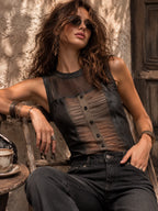 Gothic Faux Leather Mesh Spliced Button Front Crew Neck Sleeveless Tank