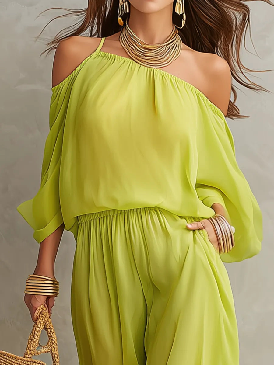 Vibrant Lime Green Halter Cold-Shoulder Sheer Trouser Co-ord Set