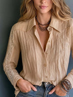 Boho Lace Panel Button-Front Shirt Blouse
