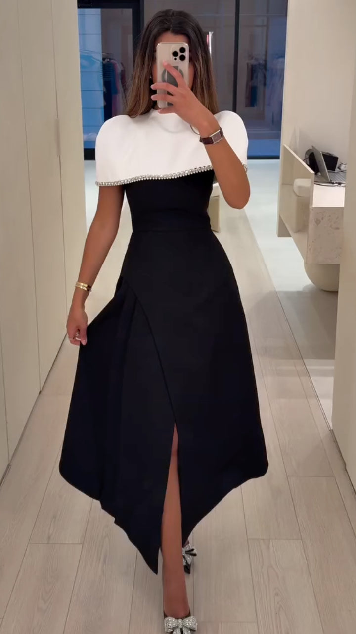 Crystal-Trim Capelet Asymmetric Midi Dress