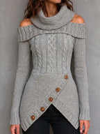 Boho Cowl Neck Cold Shoulder Cable Sweater With Asymmetrical Hem