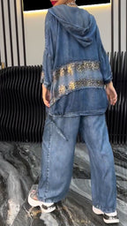 Women's Lapel Silver Leopard Print Splicing Tencel Denim Casual Suit