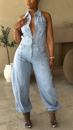Ladies' Lapel Hollowed Out Casual Style Jumpsuit