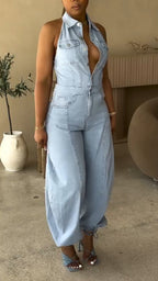 Ladies' Lapel Hollowed Out Casual Style Jumpsuit