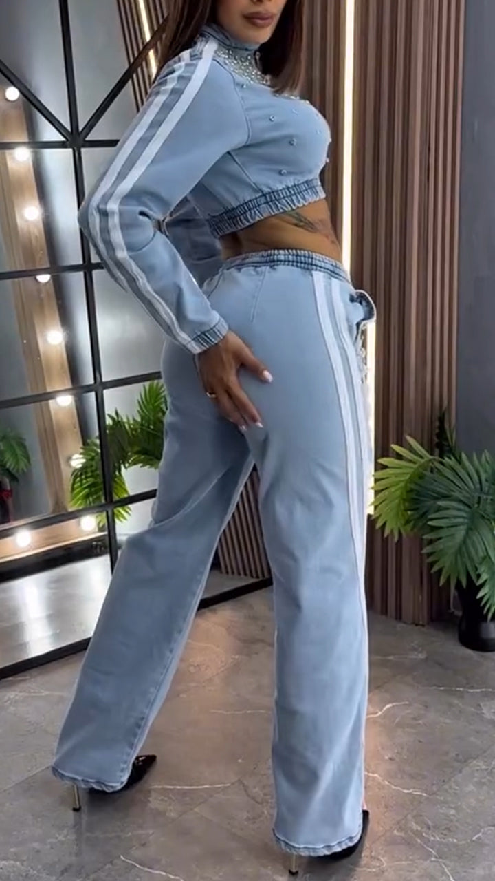 Women Round Neck Zipper Ironing Vertical Pattern Top + Pants Casual Set