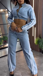 Women Round Neck Zipper Ironing Vertical Pattern Top + Pants Casual Set
