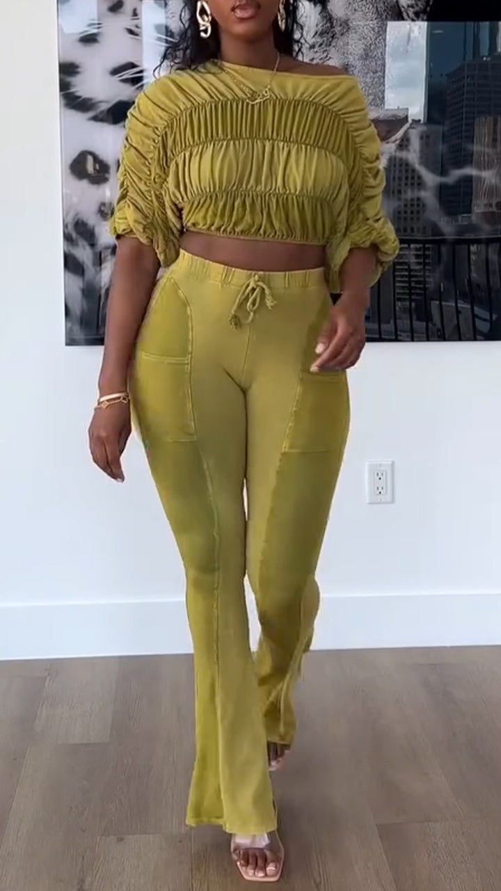Women Round Neck Splicing Pleated Top + Pants Casual Suit