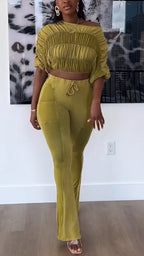 Women Round Neck Splicing Pleated Top + Pants Casual Suit