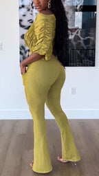 Women Round Neck Splicing Pleated Top + Pants Casual Suit