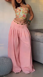 Women Neck Hanging Printed Top+ Wide Leg Pants Casual Set