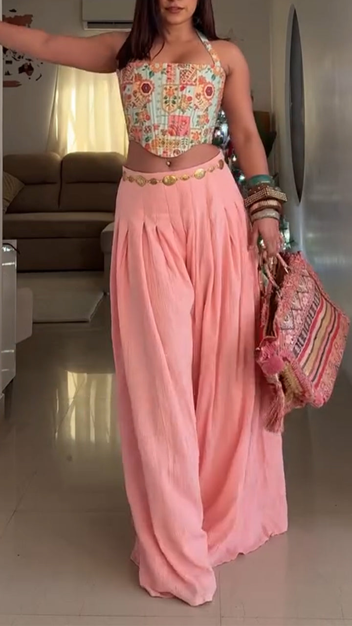 Women Neck Hanging Printed Top+ Wide Leg Pants Casual Set