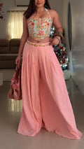 Women Neck Hanging Printed Top+ Wide Leg Pants Casual Set