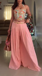 Women Neck Hanging Printed Top+ Wide Leg Pants Casual Set