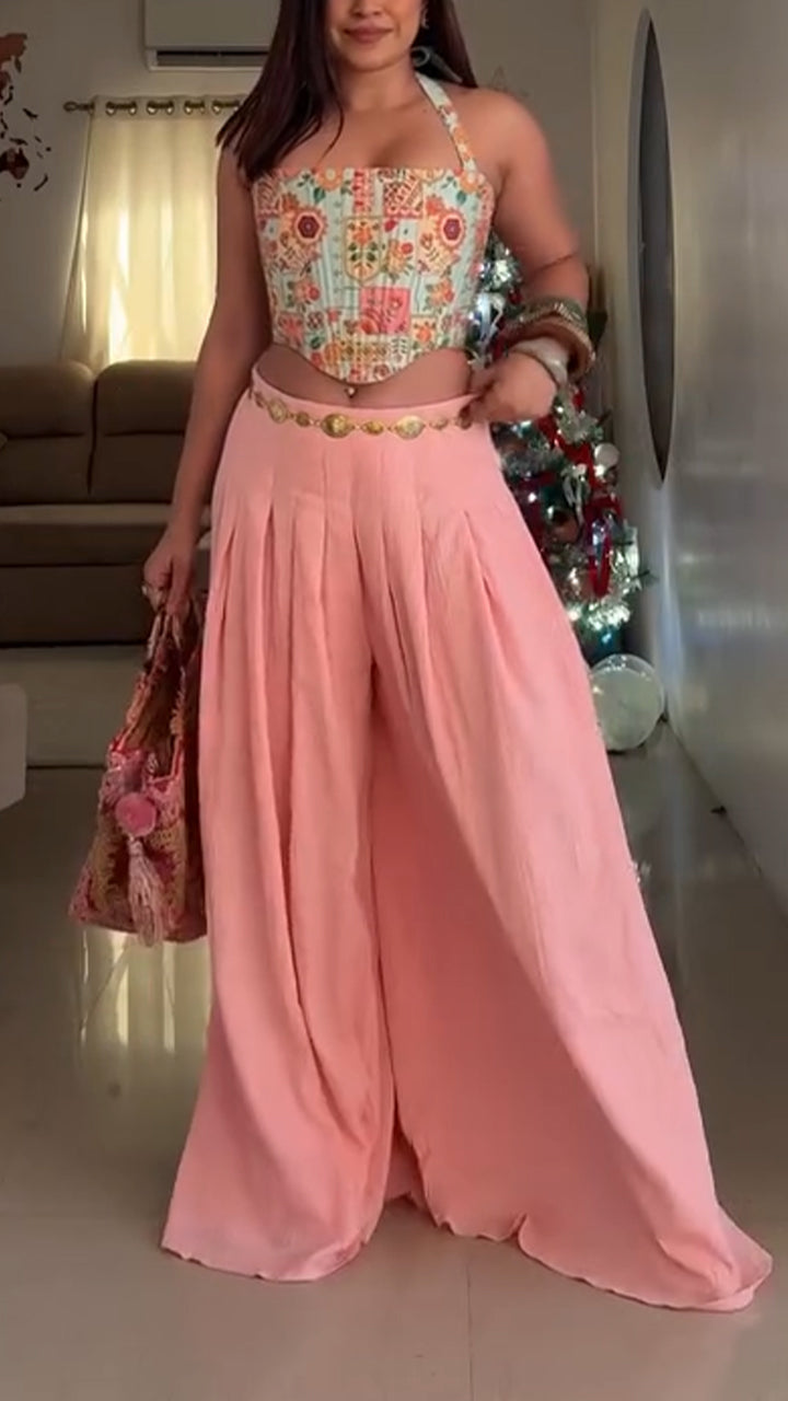 Women Neck Hanging Printed Top+ Wide Leg Pants Casual Set