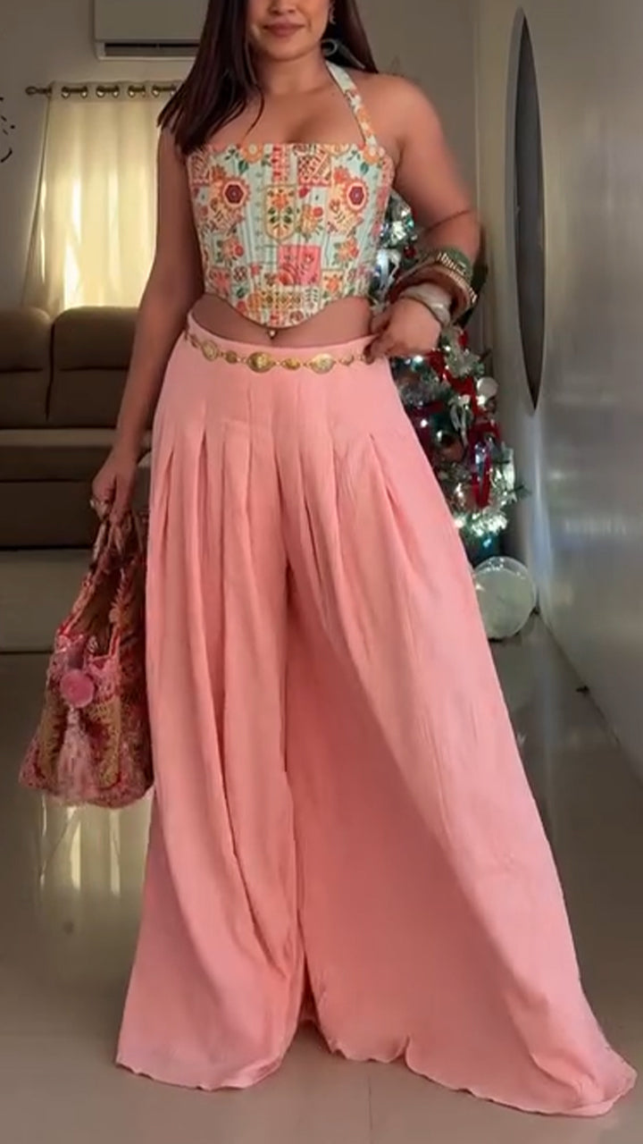 Women Neck Hanging Printed Top+ Wide Leg Pants Casual Set