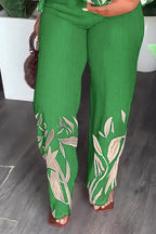 Ladies' Retro Leaf Print Slit Sleeve Top And Pants