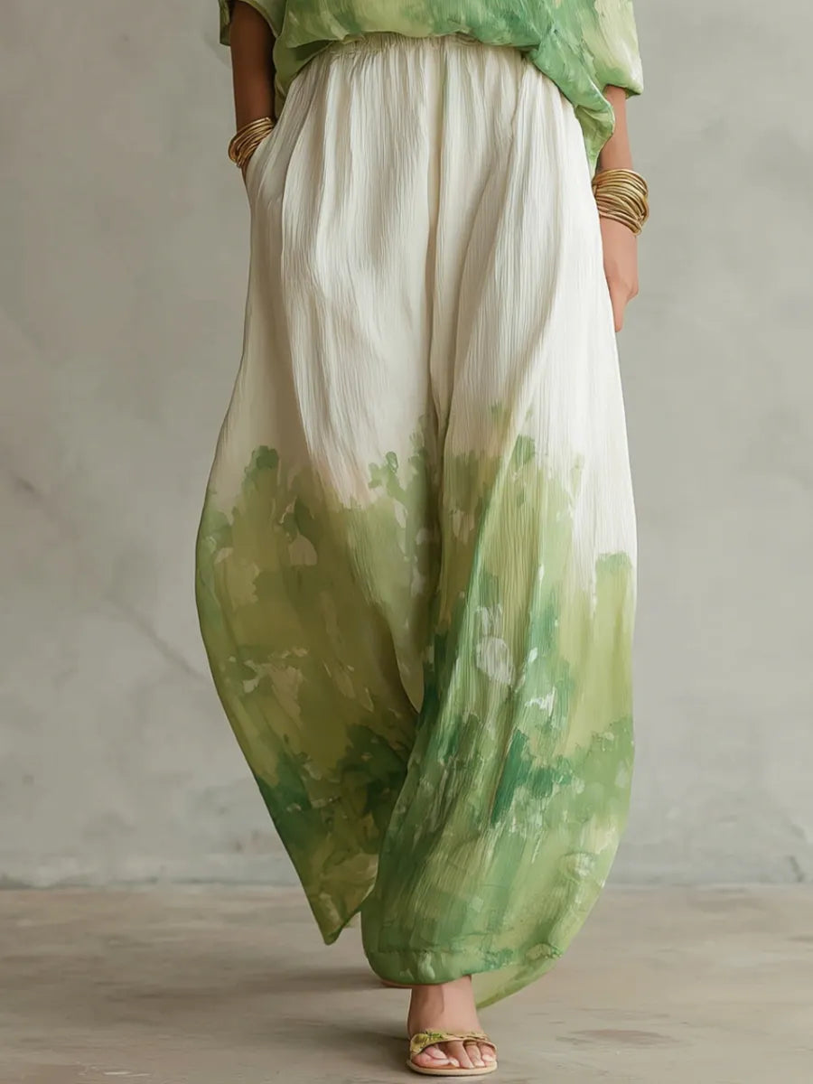 Watercolor Print Wide-Leg Pants Set
