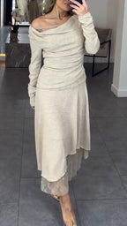 Women Round Neck Patchwork Top + Skirt Casual Set