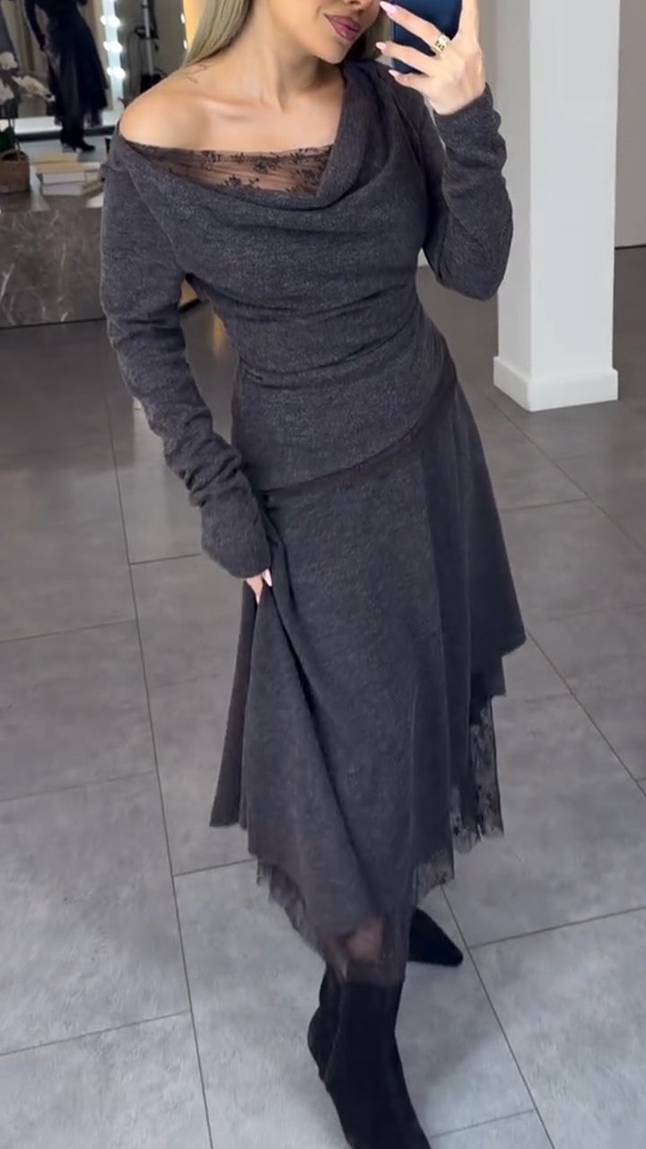 Women Round Neck Patchwork Top + Skirt Casual Set