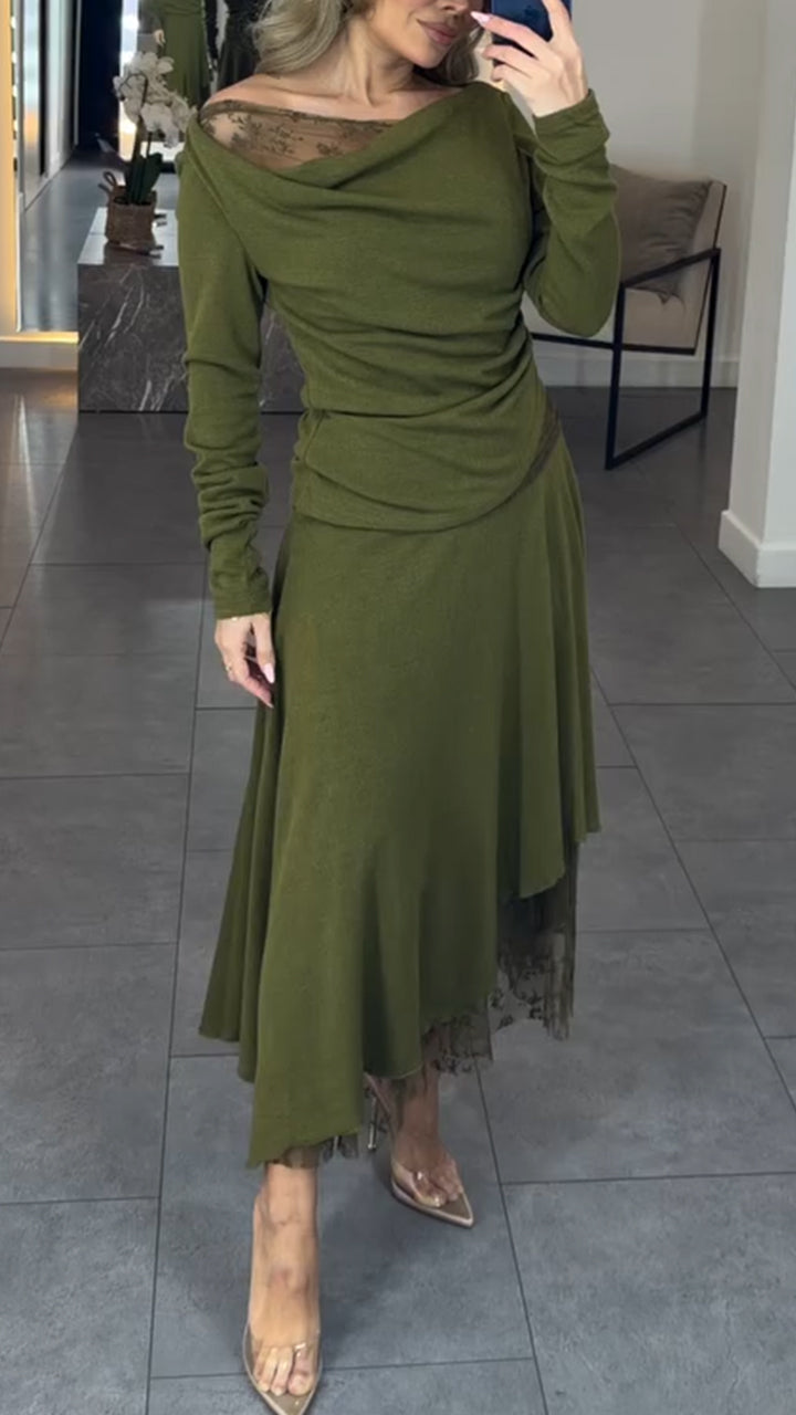 Women Round Neck Patchwork Top + Skirt Casual Set