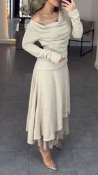 Women Round Neck Patchwork Top + Skirt Casual Set