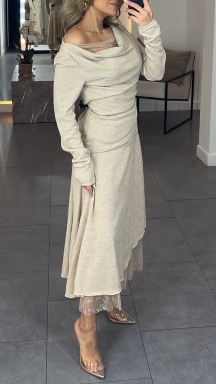 Women Round Neck Patchwork Top + Skirt Casual Set