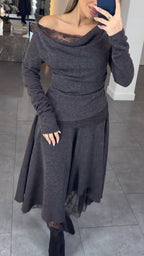 Women Round Neck Patchwork Top + Skirt Casual Set