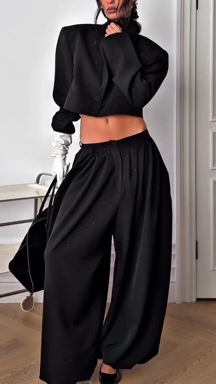 Women Lapel Tops + Pants Casual Set