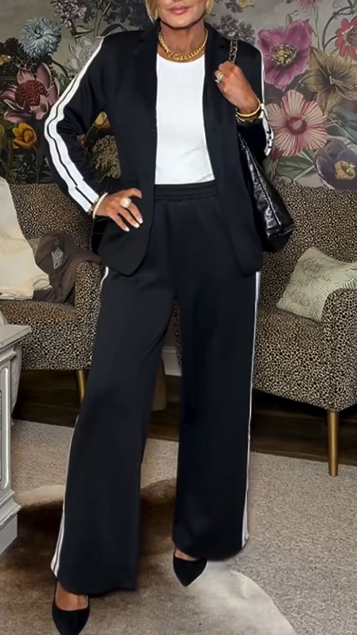 Women Collar Vertical Stripe Jacket+ Pants Temperament Commuting Suit