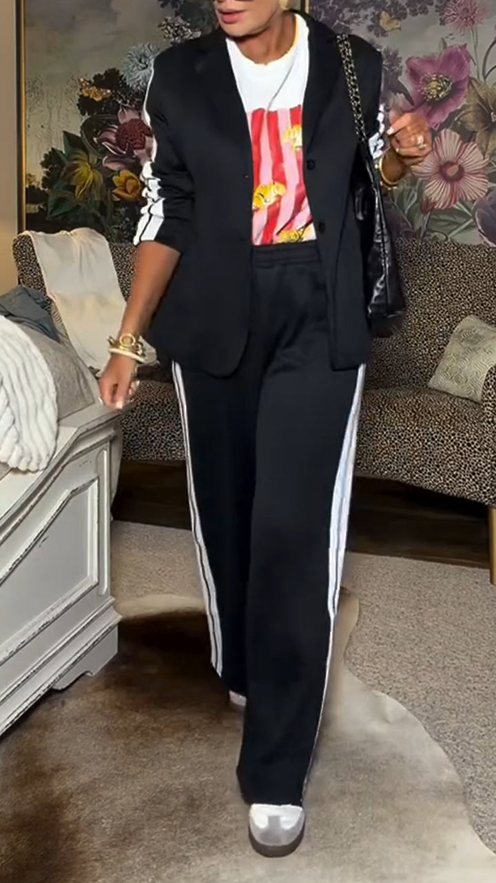 Women Collar Vertical Stripe Jacket+ Pants Temperament Commuting Suit