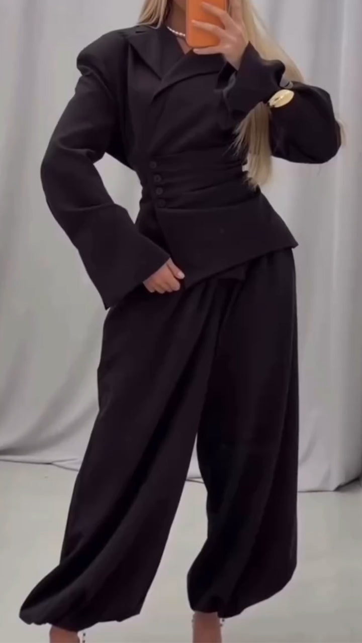 Women Collar Top+ Pants Casual Outfit with Temperament