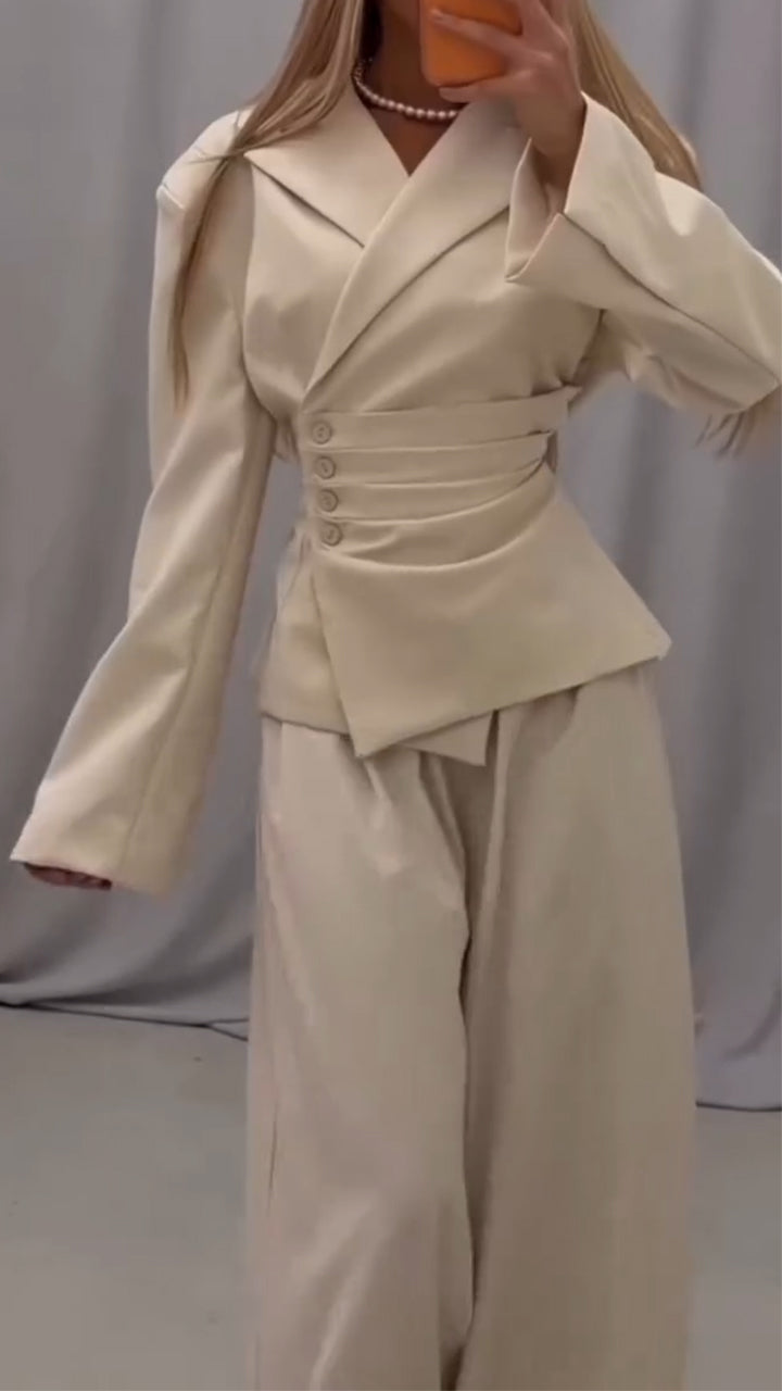 Women Collar Top+ Pants Casual Outfit with Temperament