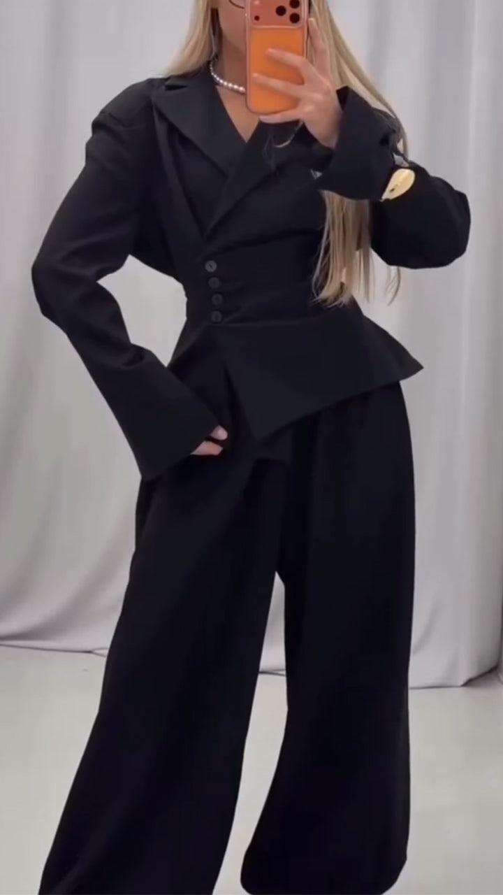 Women Collar Top+ Pants Casual Outfit with Temperament