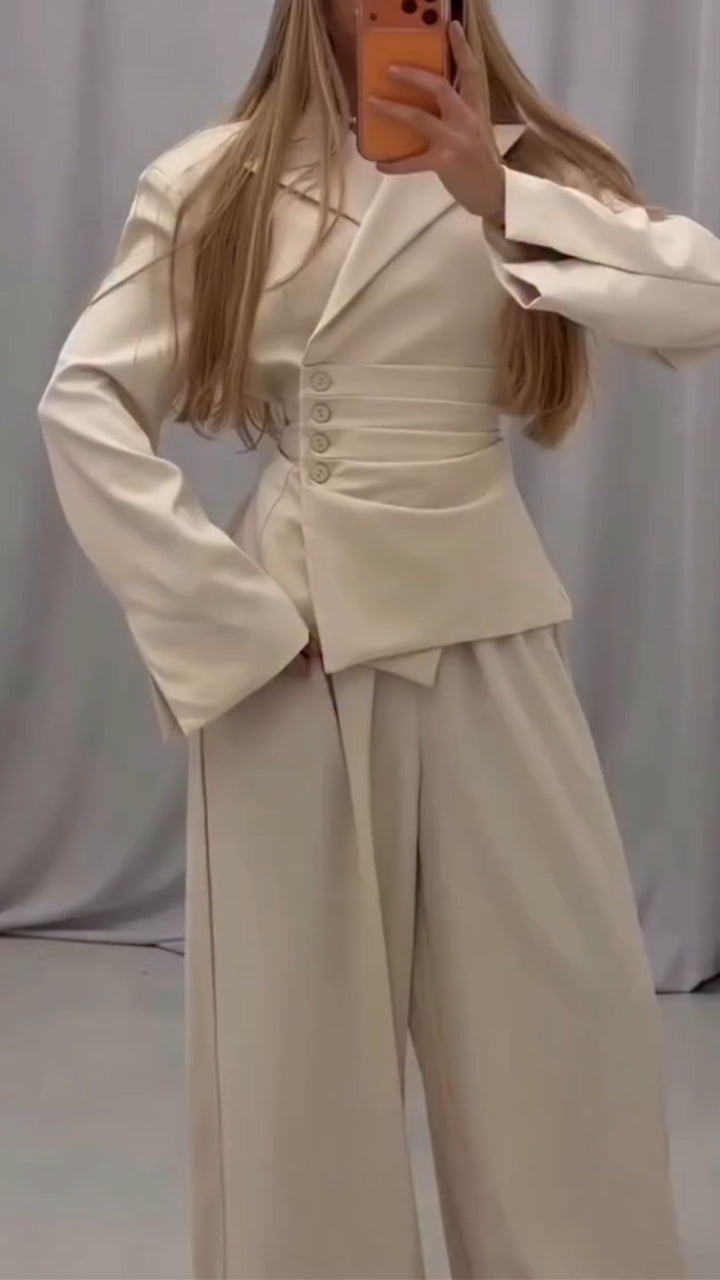 Women Collar Top+ Pants Casual Outfit with Temperament