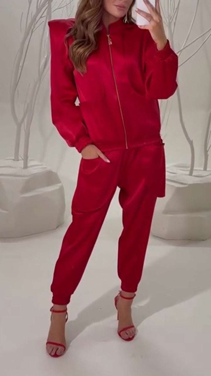 Women Round Neck Jacket+ Pants Solid Color Casual Suit