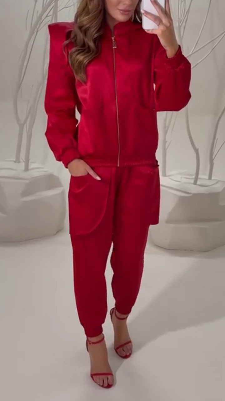 Women Round Neck Jacket+ Pants Solid Color Casual Suit